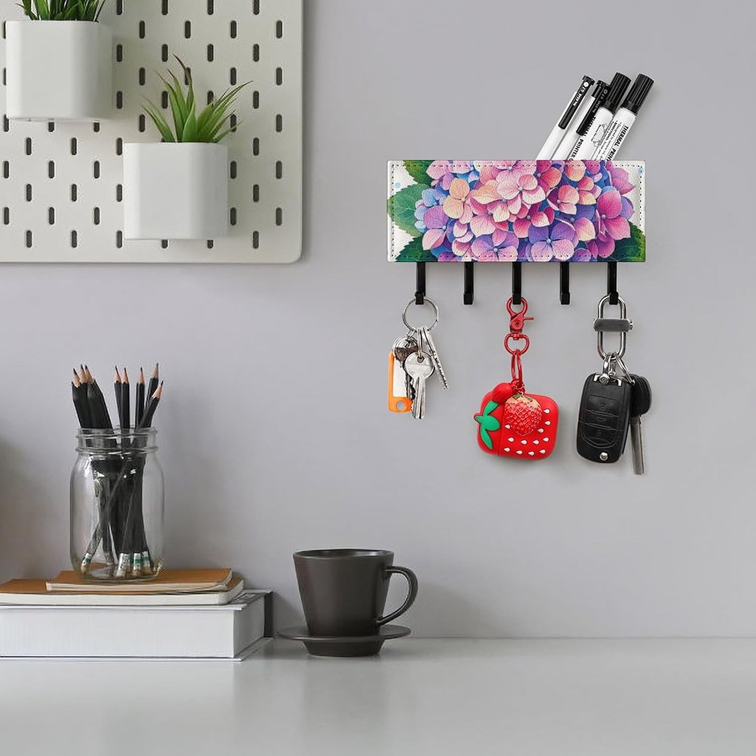 Hydrangea Key Holder with 5 Hooks Mail Organizer for Wall Black-style image 5