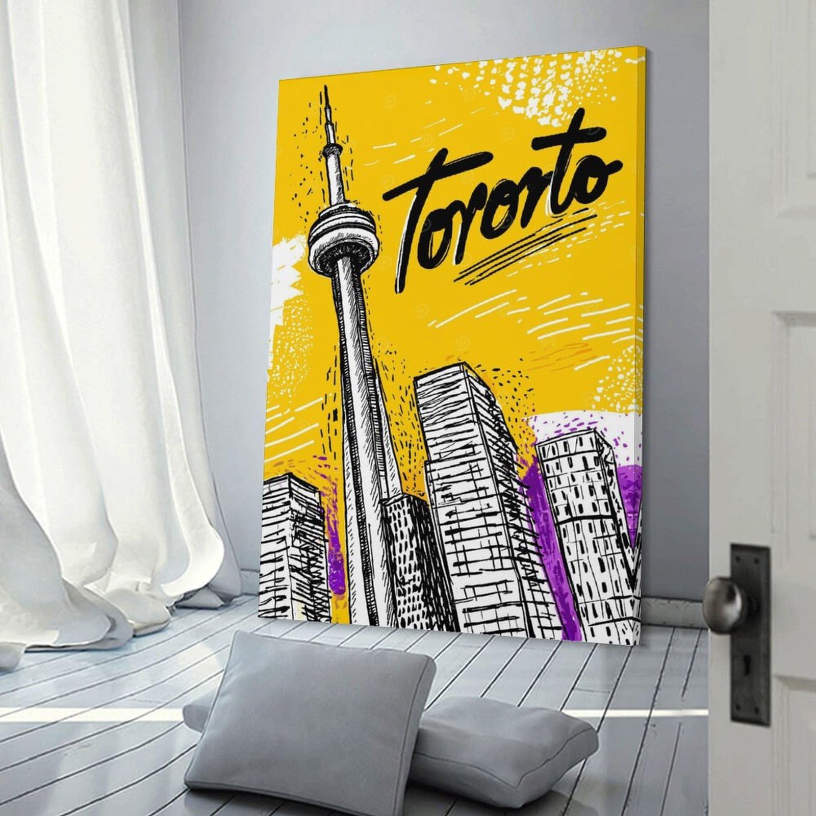 Junmoney Frame-Style-13 Toronto Cityscape Illustration Home Decor Wall Art 16X24inch(40X60cm), For Bedroom, Guest Room Or Reading Nook, Decorative Wall Art For Cosy Rooms