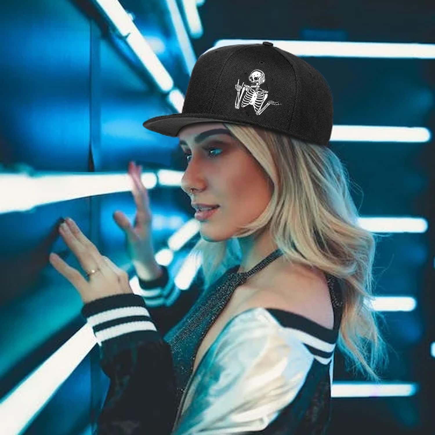 Flat Bill Hats for Men Snapback Hats Skull Skeleton Hat Flat Brim Fitted Hat Adjust Black Baseball Caps for Men - Image 5