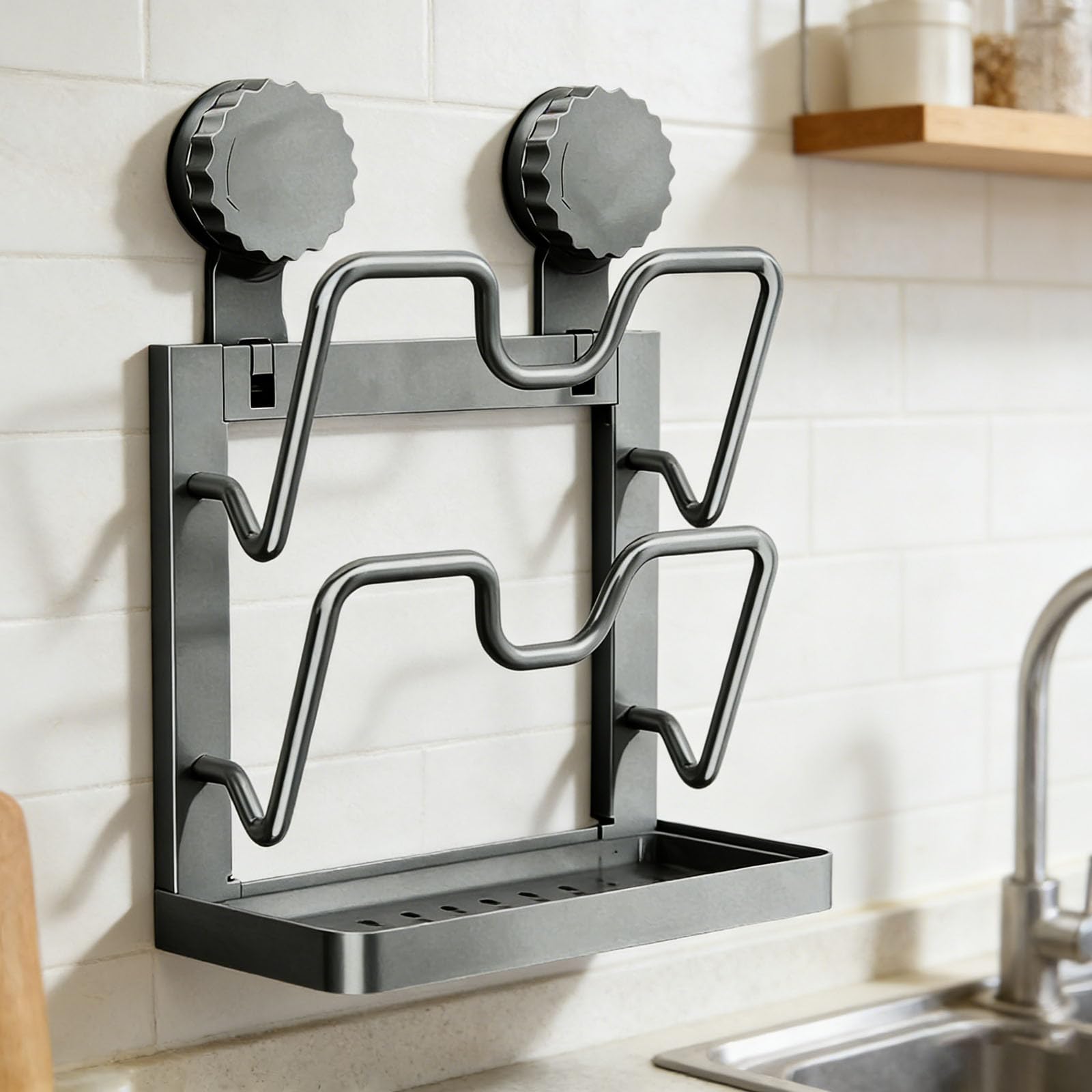 Estante de almacenamiento multifuncional para tapa de cocina, soporte vertical en forma de U con bandeja de goteo extraíble para encimera y estufa, tiene una función de almacenamiento de tapa 061486