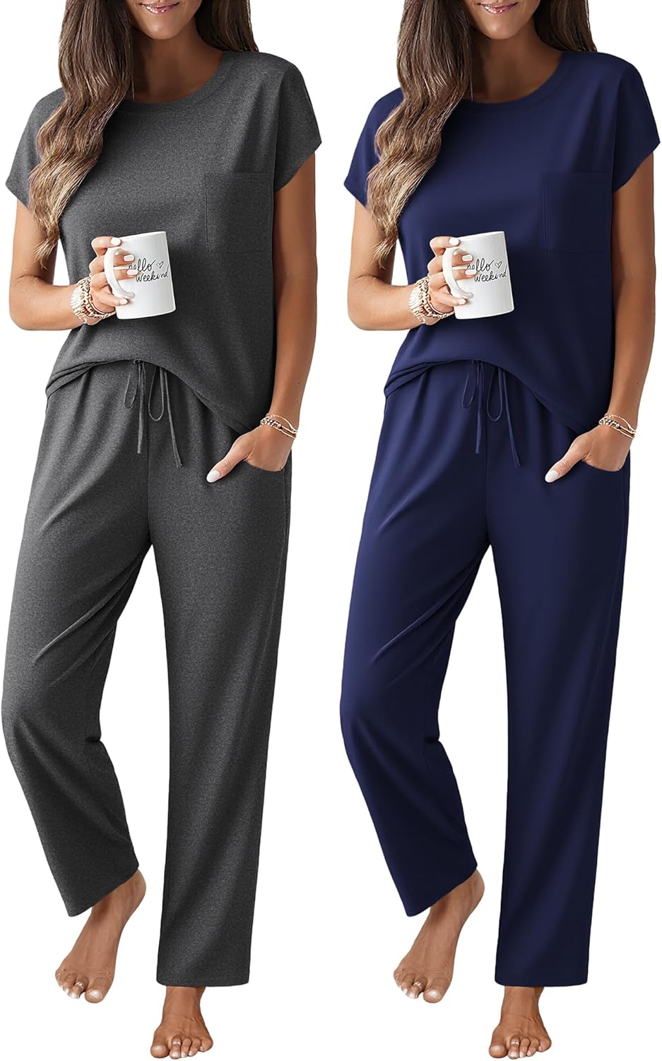 Ekouaer 2 Packs Pajamas for Women Set Cap Sleeve Top and Pants Soft Sleepwear Comfy Pjs Set with Pockets Lounge Set