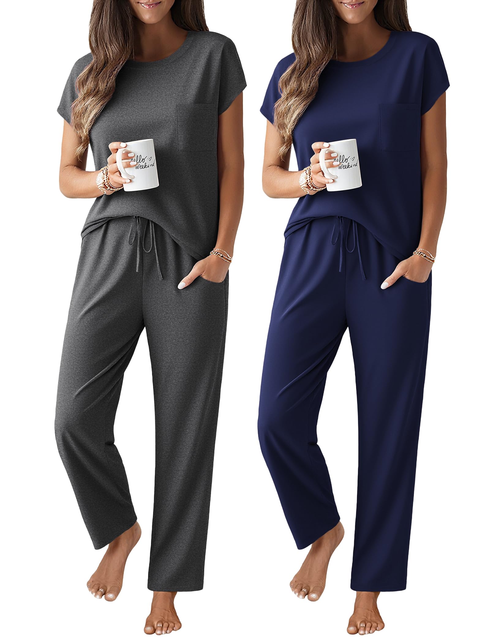 Ekouaer 2 Packs Pajamas for Women Set Cap Sleeve Top and Pants Soft Sleepwear Comfy Pjs Set with