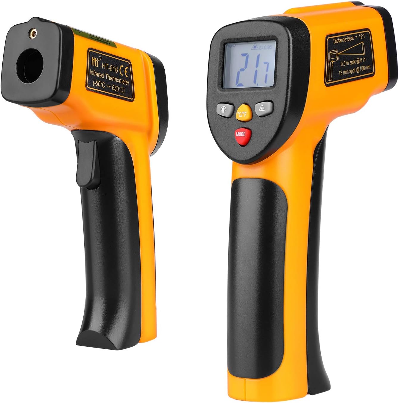 Flexzion - Termómetro digital infrarrojo infrarrojo sin contacto con visión láser con pantalla LCD precisa de mano, lectura instantánea (-50 ºC a 650ºC) con batería de 9 V, color negro y amarillo