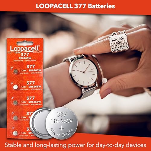 Vista 2 de LOOPACELL 377/376 / SR626W / SR626SW / Baterías de reloj de óxido de plata (paquete de 5) – Batería de celda de moneda de larga duración de 1.55 V