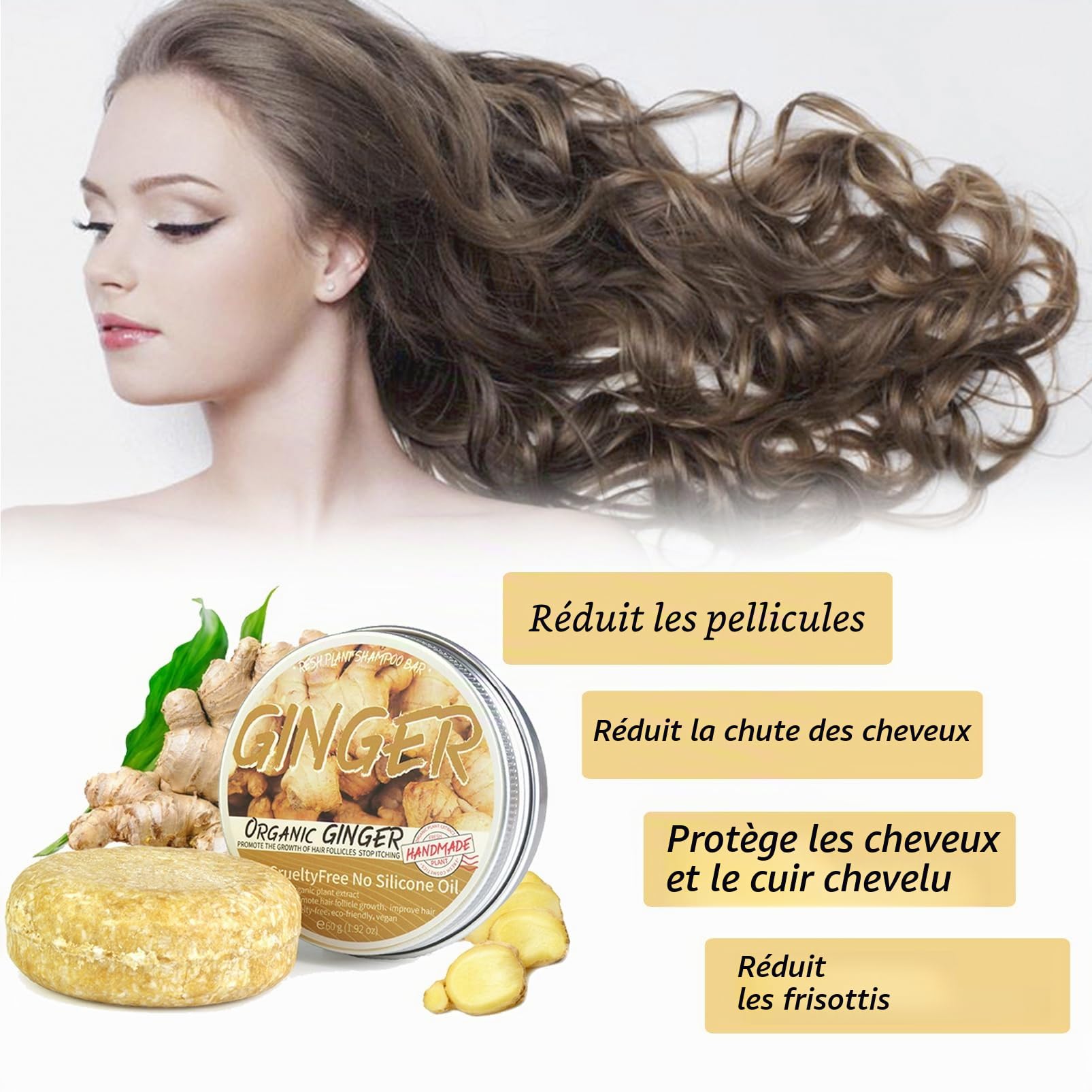 Barre de shampooing au gingembre, anti-chute de cheveux, savon à base de plantes, gingembre naturel bio