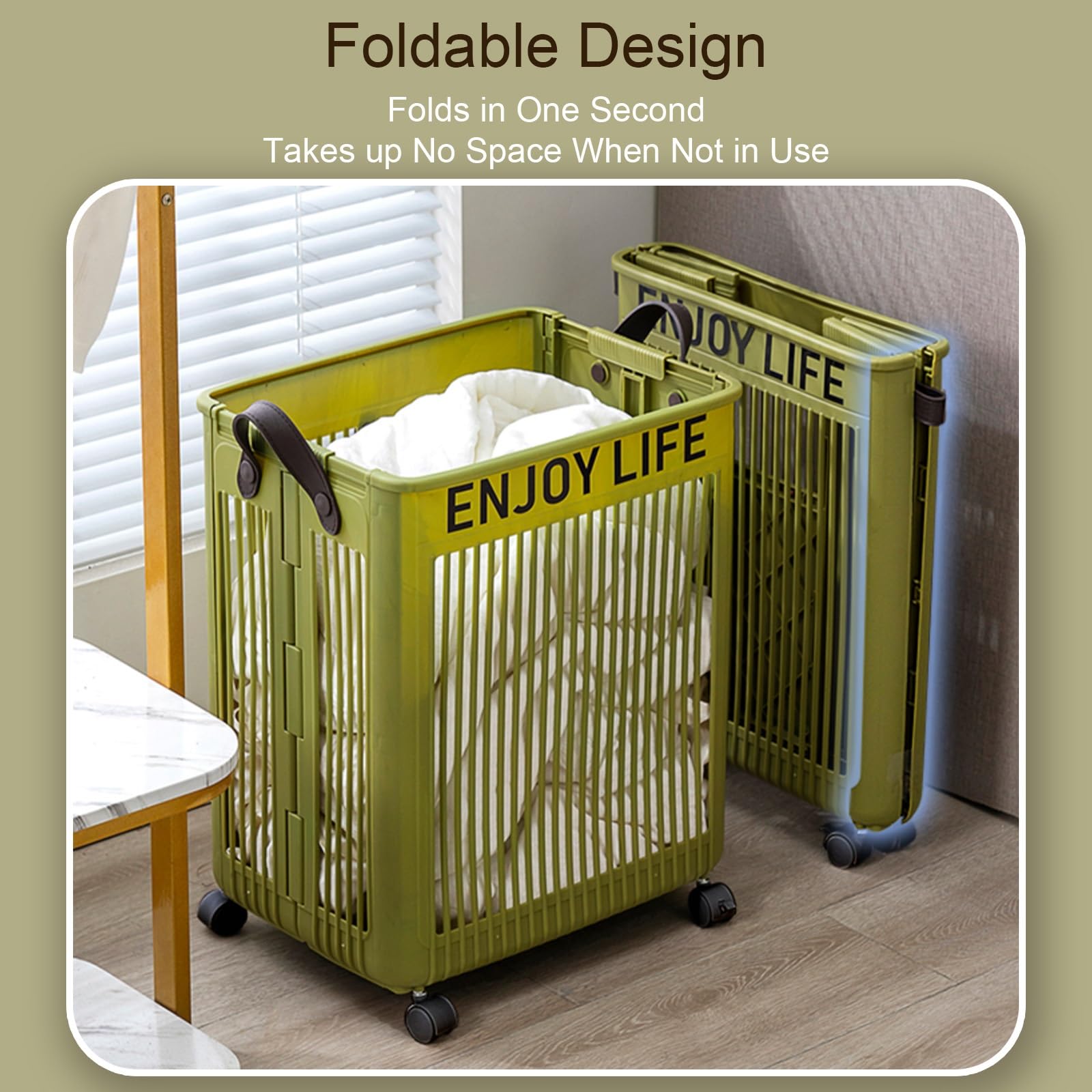 Cubos Ropa Sucia Decorativo Hueco, Enrollable Cesto Ropa Sucia con Ruedas, Cesta Plegable Colada con Asas para Guardar en El Baño(Green,Large)