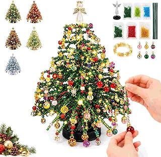 DIY Beaded Christmas Tree Kit,3D Crystal Bead Holiday Craft Set with Lights,Colorful Beads,Wire Frame,Create Your Own Sparkling Bead Art Craft,Handmade Tabletop Christmas Decor Gift for Adults