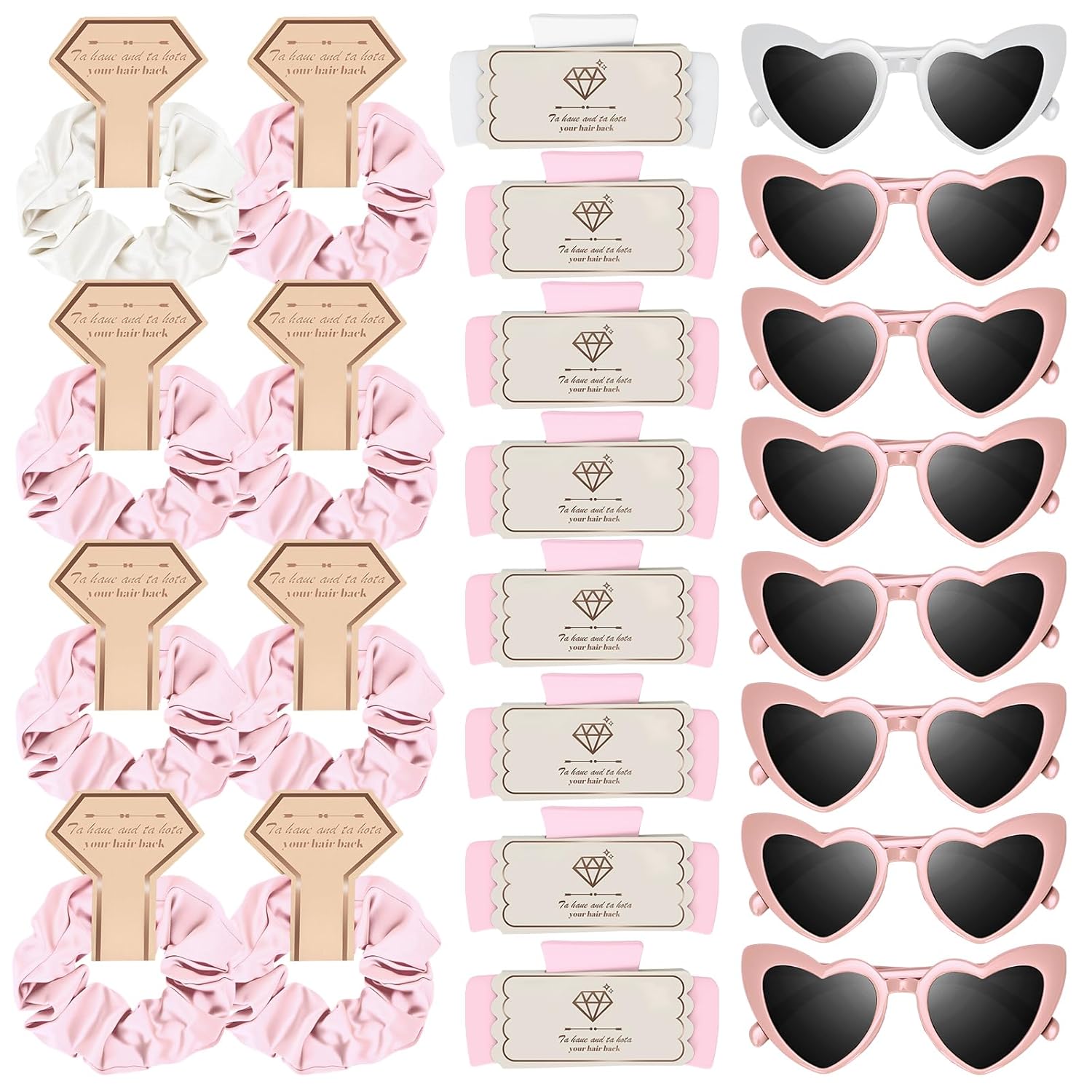 24pcs Bridesmaid Proposal Gifts Blue Satin Scrunchies Pink Satin Scrunchies, Flower Hair Clips, Heart Bridesmaid Sunglasses for Bachelorette Party Favors(White & Pink)
