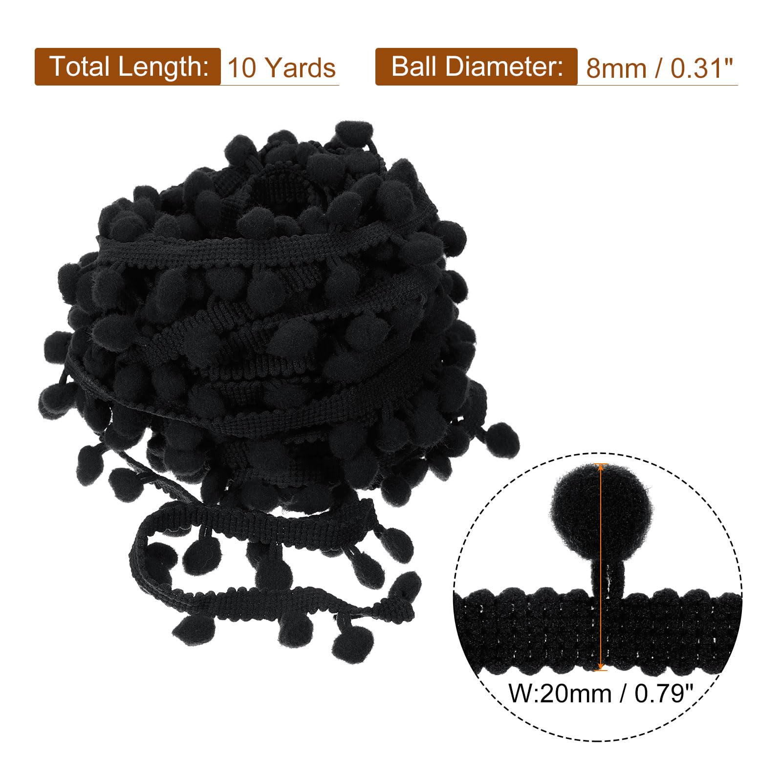 uxcell 10 Yards Pom Pom Ball Fringe Trim, Ribbon Sewing Accessory DIY Crafts for Home Curtain Clothes Pillow Decoration (8mm, Black)