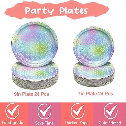 Miniatura 4 de Suministros de platos de fiesta de sirena, 97 piezas, decoraciones de vajilla de sirena para niñas, cumpleaños, baby shower, desechables, cena,