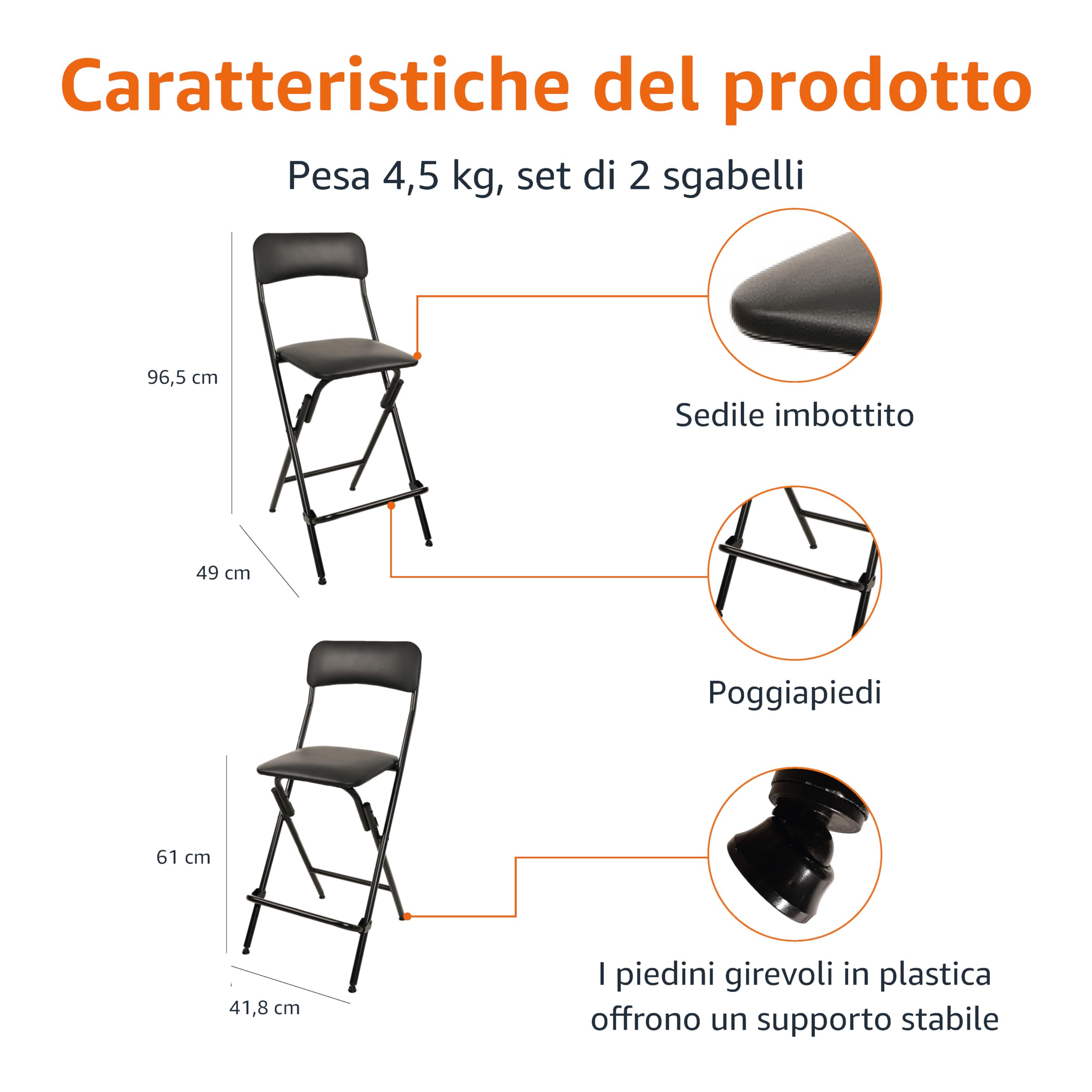 Amazon Basics Sgabello pieghevole con poggiapiedi, portata 136,1 kg, altezza 61 cm, confezione da 2, Nero