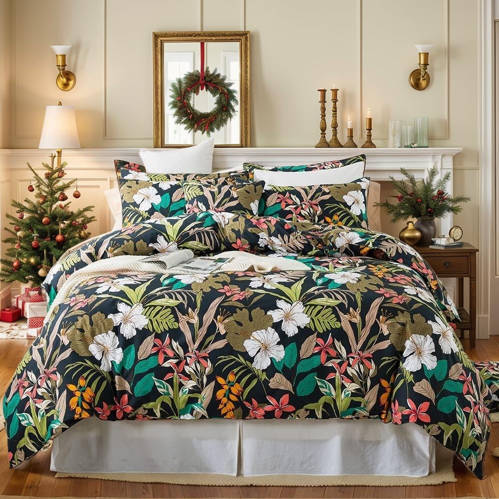 FADFAY Duvet Cover Full Size Floral Bedding Set Black & Red Flower Printed Comforter Covers - Soft 100% Cotton Palm Tree Leaves Pattern Tropical