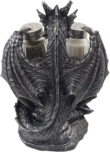 Miniatura 4 de Home-n-Gifts - Juego de salero y pimentero de dragón mítico con figura de soporte para decoración medieval y de fantasía o mesa de cocina,