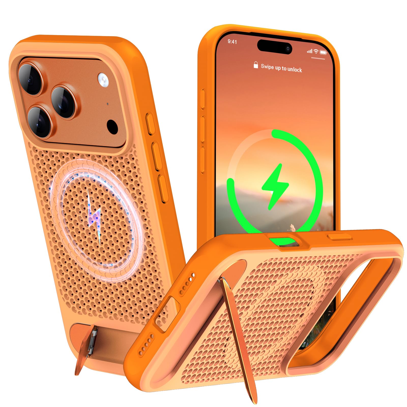 Photo 1 of ZHOGTNEG for Magnetic Heat Dissipatio case for iPhone 17 Pro, for MagSafe, Cooling Drop Protection, Adjustable Metal Kickstand, Vibrant Color Blocking Soft Silicone Material - Orange