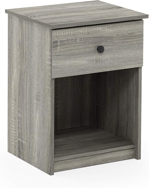 Furinno Lucca Side Table, End Table, Nightstand with One Drawer, French Oak Grey