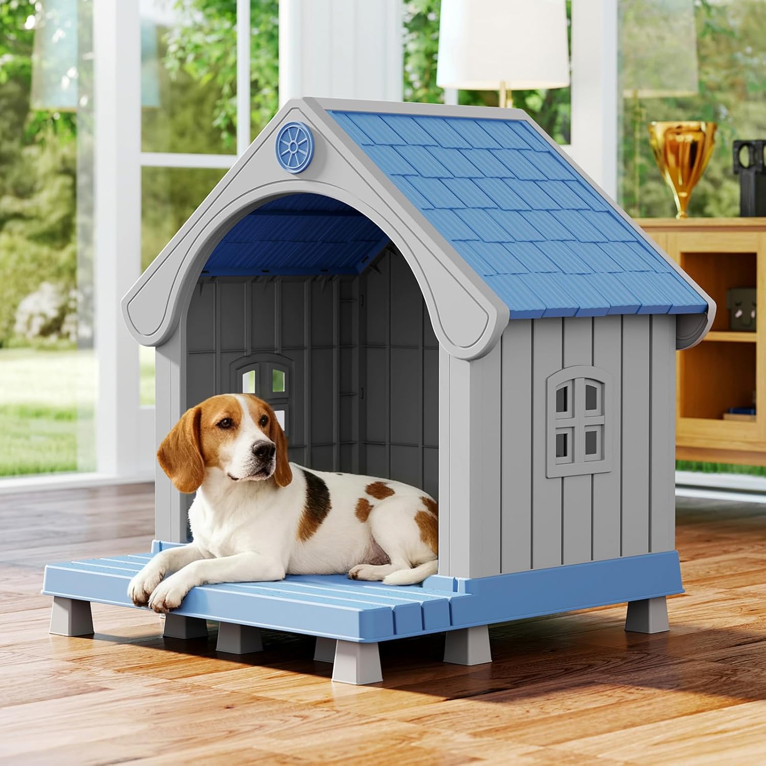 Fancyango Large Dog House with Porch Outdoor Indoor Sturdy Plastic Waterproof Doghouse with Air Vents and Elevated Floor Easy Clean and Assemble for Medium Large Dogs (Blue1, 33" L×31.5" W×38" H)