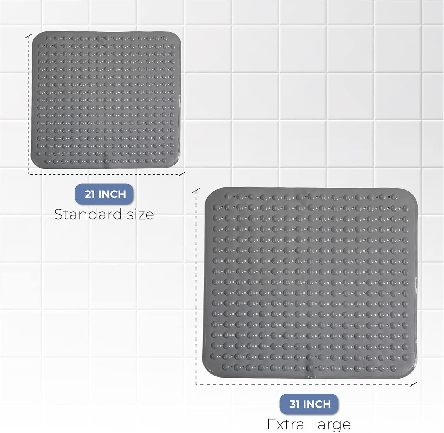 ENKOSI Extra Large Square Non Slip Shower Mat - 31 x 31-inch XL Bathroom Shower Mat - Square Shower Matts for Shower Stall Floors - Secure Suction Cups and Drain Holes (31x31 Grey) - Image 6