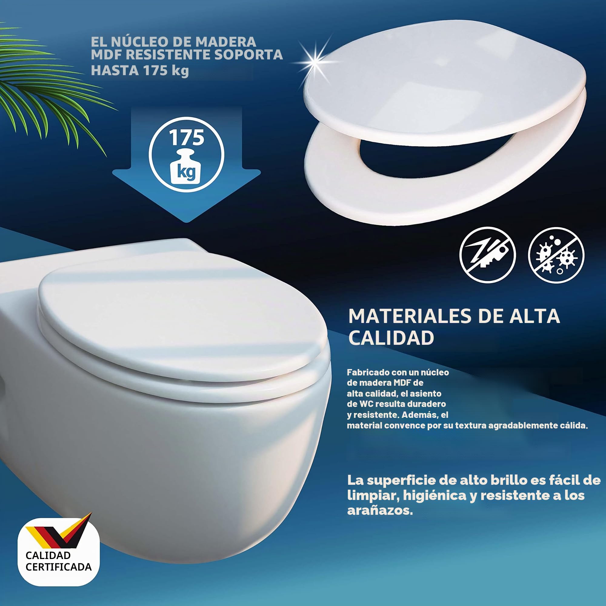 CASARIA Asiento Inodoro Automático Blanco Universal | MDF, 175Kg, Tapas, WC, Water, Tapadera, Cierre Suave, Doble, Accesorios, Baño, Antibacteriano, 45,7 x 38,0Cm