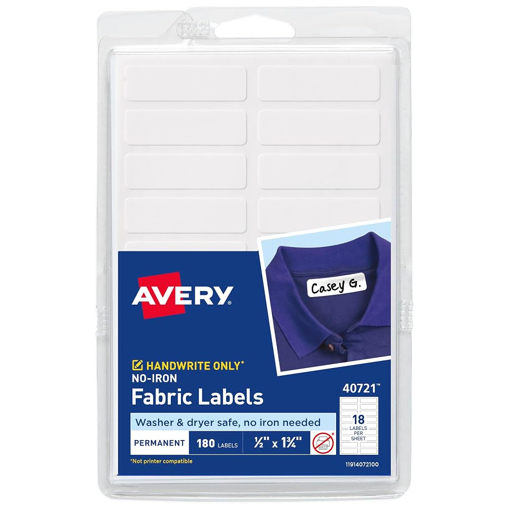Avery No-Iron Fabric Labels, 1/2" x 1-3/4", Washer and Dryer-Safe Waterproof Labels, Non-Printable, 180 Total (40721)