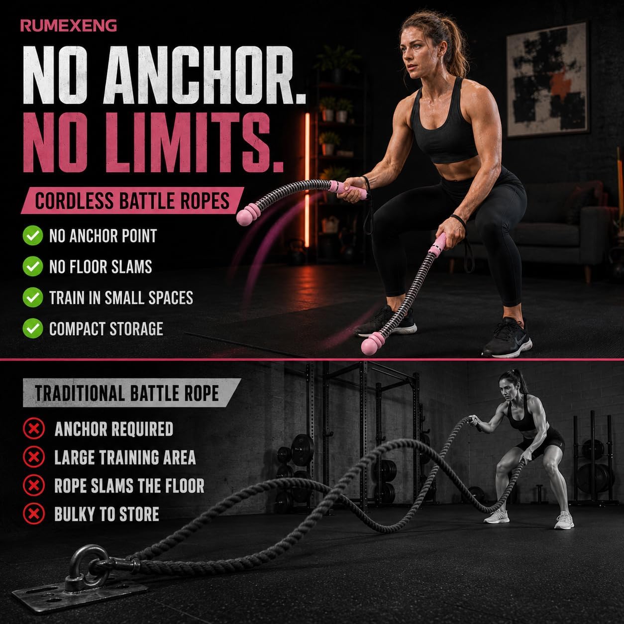 Ropeless Battle Ropes for Home Gym, Adjustable Weight, Weighted Workout Cords for HIIT, Strength, and Low-Impact Cardio Training, Home Gyms to Burn (Black)