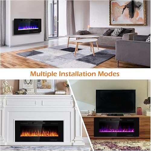 Miniatura 8 de GOFLAME Chimenea eléctrica de 42 pulgadas empotrada y montada en la pared, calentador de chimenea en la pared construido con control remoto,