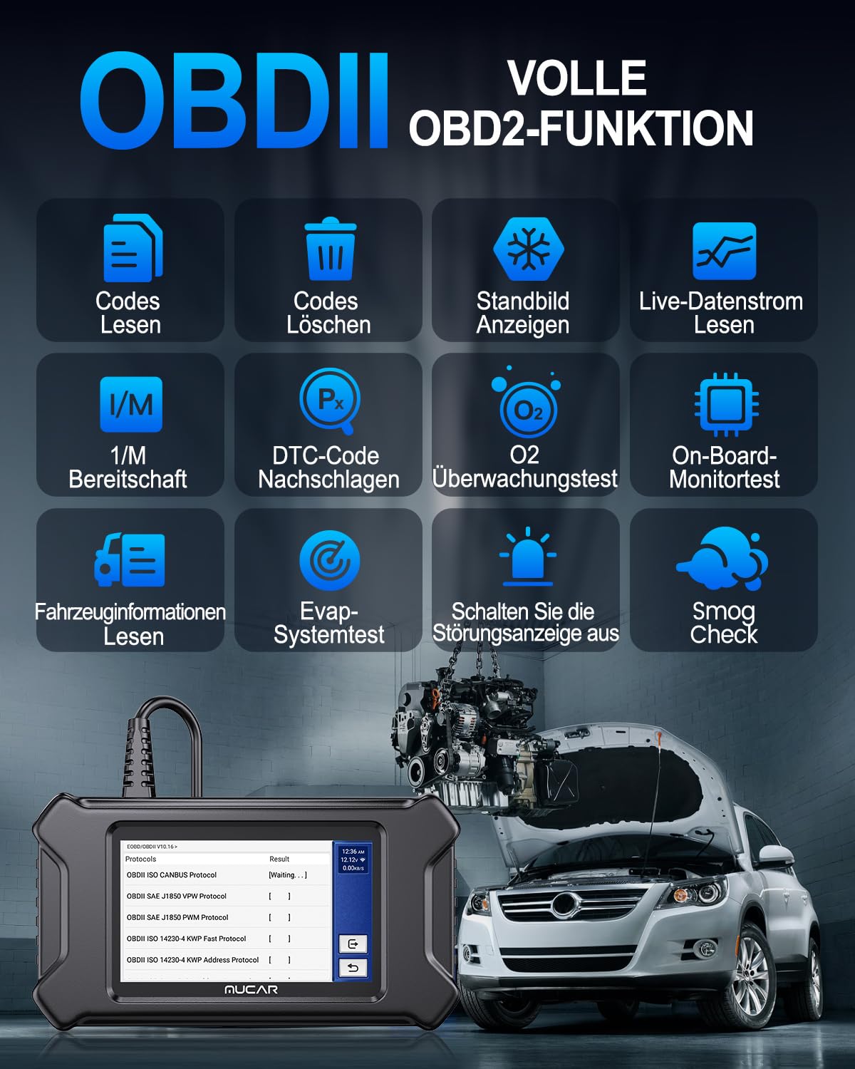 OBD2 Diagnosegerät, MUCAR CS6 Diagnosegerät Auto Mit 6 System(ECM/TCM/ABS/SRS/TPMS/BCM) + 7 Reset-Funktion(Öllampen/EPB/SAS/TPMS/TBA/ETS/ABS/DPF), Auto Auslesegerät Für AutoVIN, Kostenlose Updates