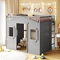 Vista 10 de Cama tipo loft de techo de casa de tamaño matrimonial con escalera, marco de cama de madera que ahorra espacio con barandilla y ventana