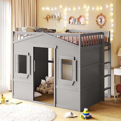 Miniatura 10 de Playhouse Design - Litera de tamaño matrimonial con escalera de almacenamiento marco de cama de madera maciza con barandilla para niños adolescentes