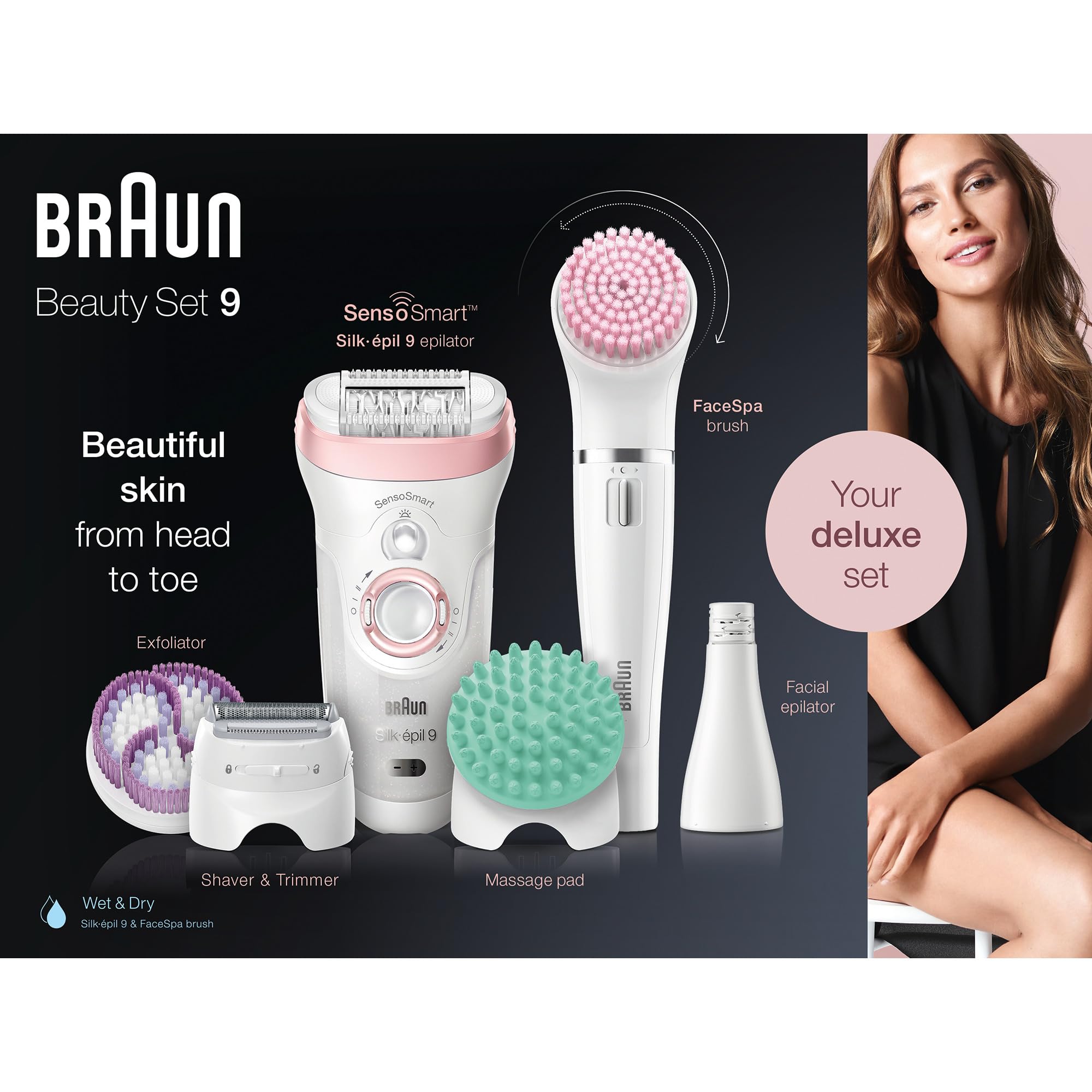 Braun Silk-épil 9 Kit Depiladora Eléctrica Mujer, 9-995 Deluxe 9 en 1, Depilación inalámbrica en seco y húmedo, Depiladora, afeitadora, exfoliante, kit de limpieza facial y corporal, blanco/rosa