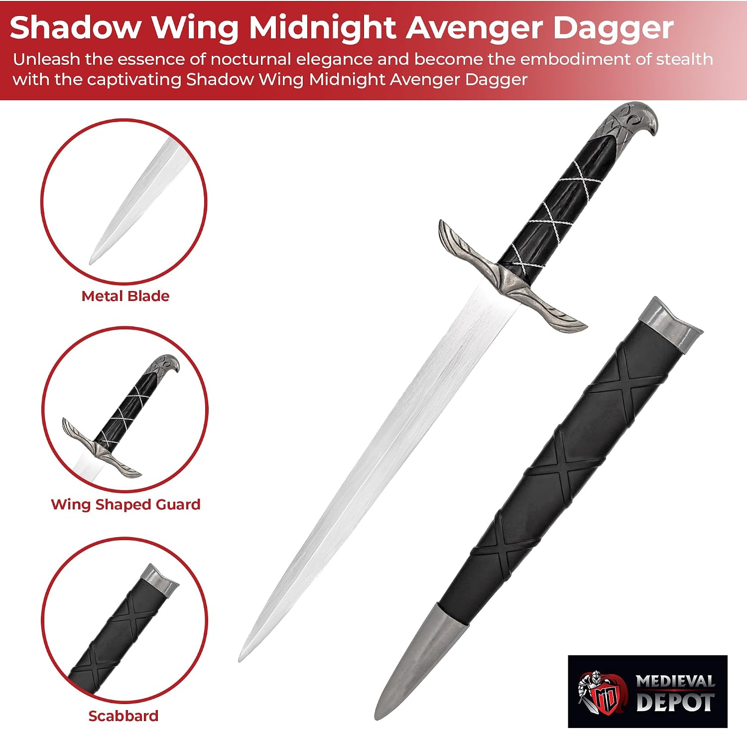 MedievalDepot Shadow Wing Midnight Avenger Dagger – Overall 16” - Black Metal Fantasy Blade with Ornate Guard, Textured Handle, and Display Sheath