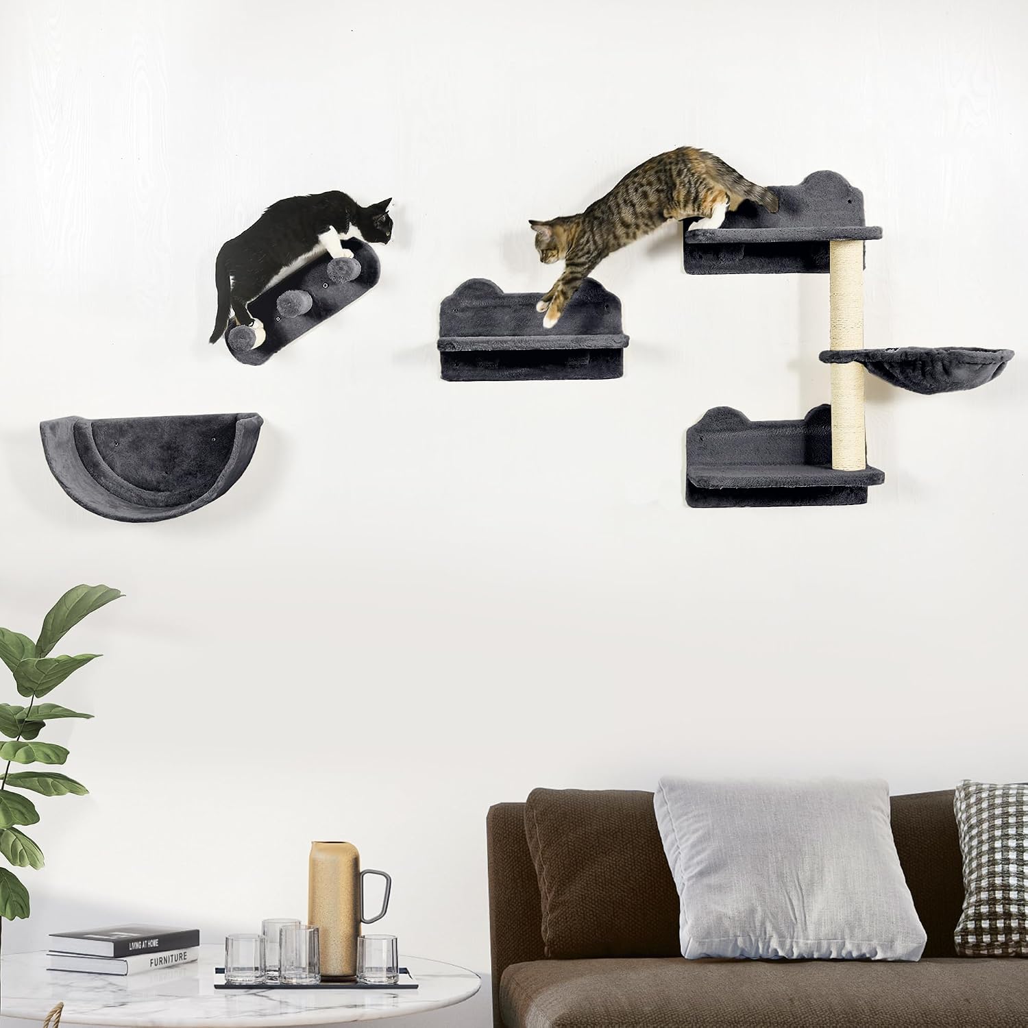 PawHut 4PCs Wall Mounted Cat Tree Cat Wall Shelves Furniture Climbing Shelf Set Kitten Activity Centre w/Hammock, Scratching Post - Dark Grey