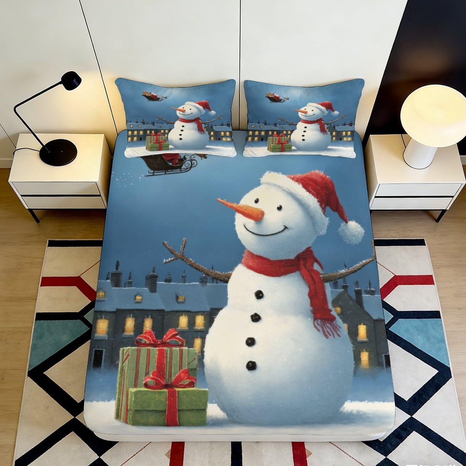 3D Printed Snowman Christmas Fitted Sheet Microfiber Soft Winter Scene Bed Cover for Bedroom Guest Room Dorm Decor 90x200x25cm