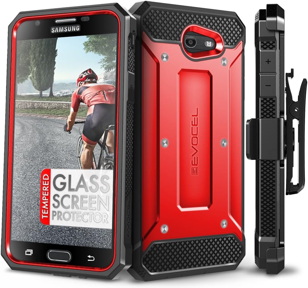 Galaxy J7 Prime/ J7 V / J7 2017 Case, Evocel [Explorer Series] with Free [Glass Screen Protector] Premium Full Body Case [Belt Clip] for Galaxy J7 Perx/Galaxy Halo / J7 Sky Pro/SM-J727, Red