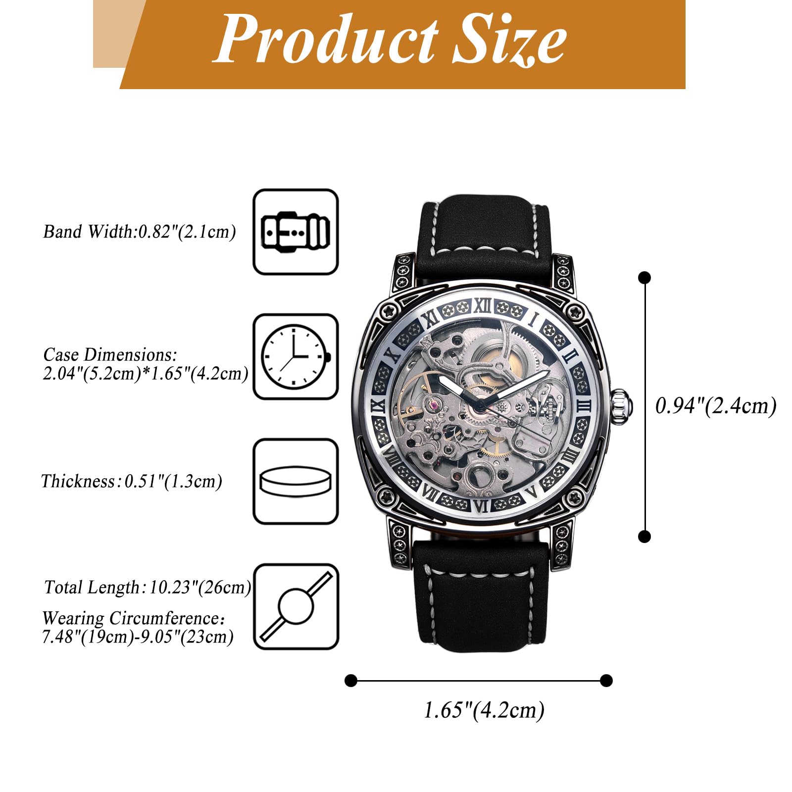 JewelryWe Zegarek męski Steampunk zegarek automatyczny ze skórzanym paskiem: Vintage automatyczny mechaniczny zegarek na rękę męski czarny skóra naturalna bransoletka rzymskie cyfry szkielet zegarek z
