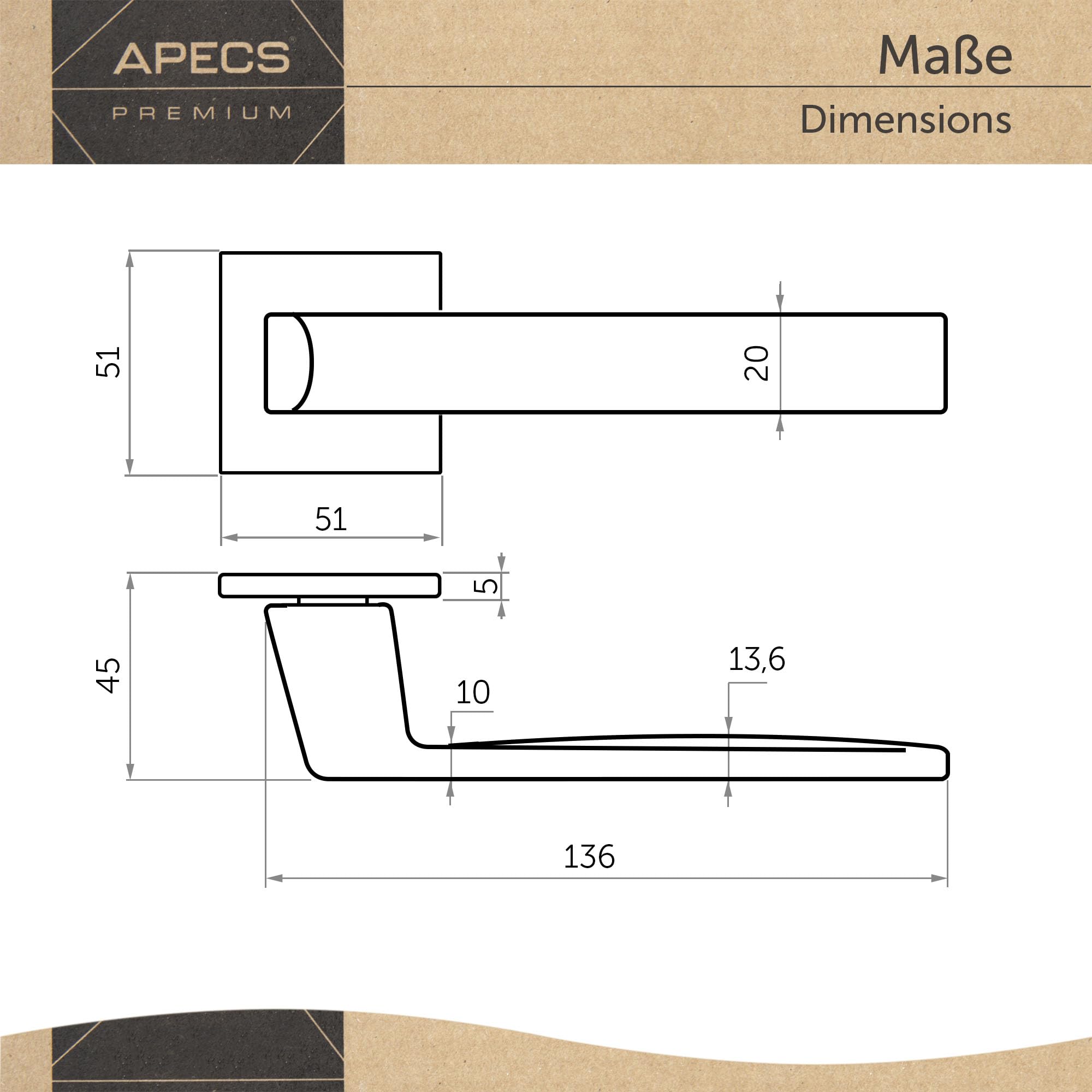 APECS AVIOR PZ - Maniglia per porte interne, moderna, per porta interna, con rosette quadrate, maniglia opaca con materiale di fissaggio