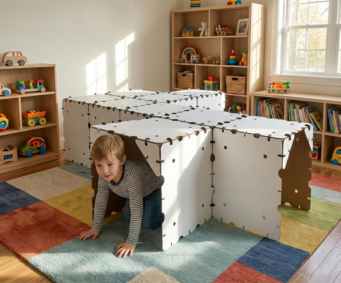 Cardboard Fort Building Kit – Giant Indoor Kids Fort Builder – Create Life Size Castles, Tunnels & Mazes – Durable White Panels, Reusable Connectors & Compact Storage Box – STEM Toy Ages 4+