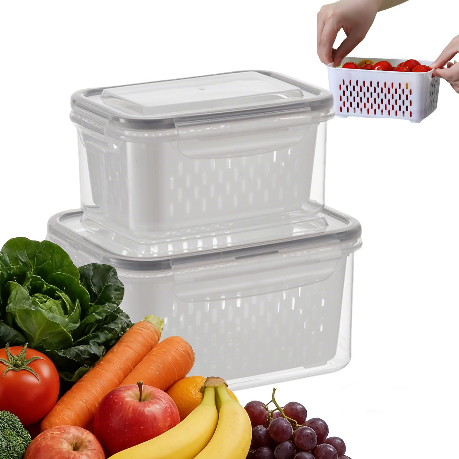Eowduk 4 in 1 Food Storage Container, Household Transparent Plastic Food Storage Box-Including Drain Basket, Fruit Storages Containers for Fridge with Removable Colanders (Gray,Medium+Large)