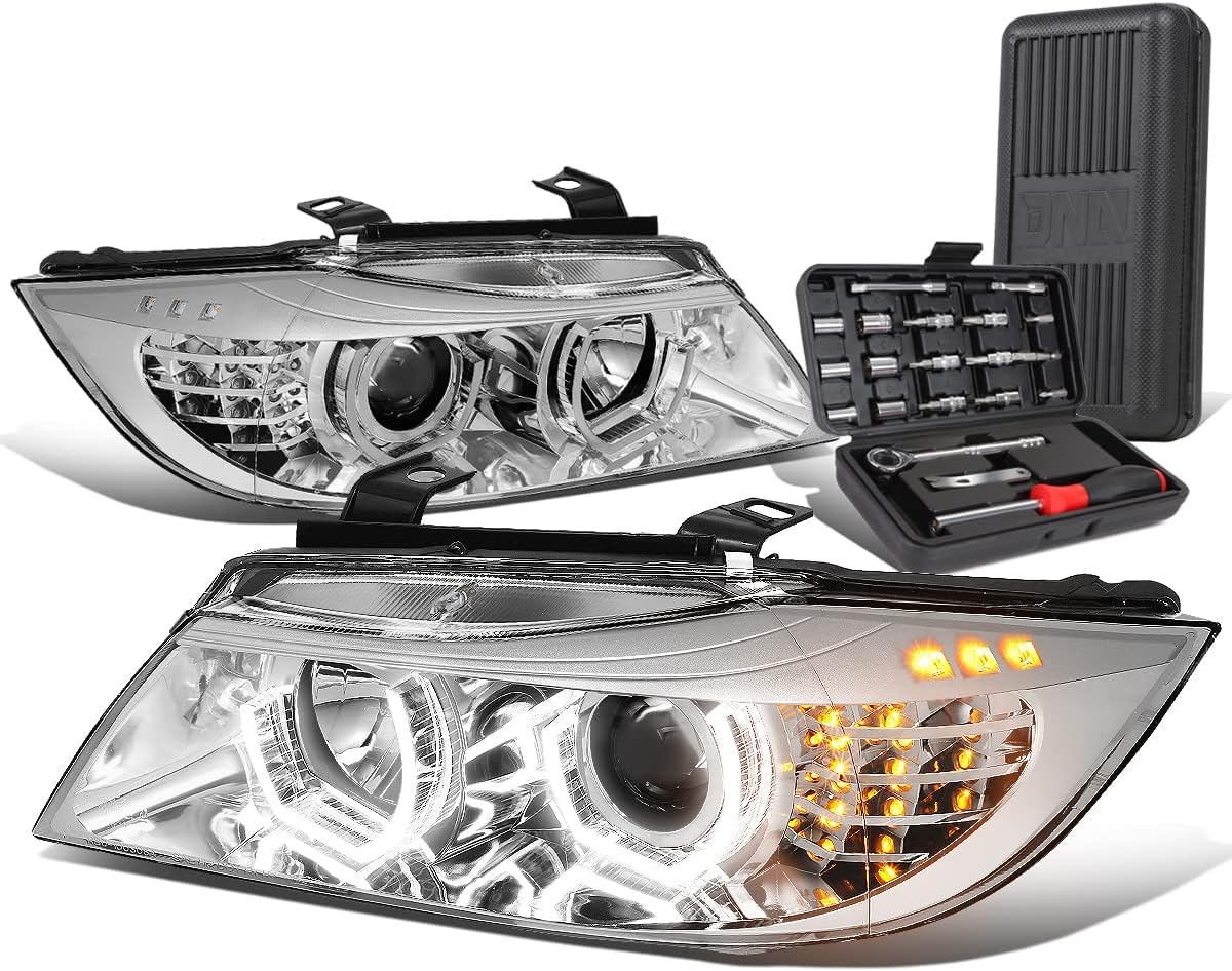 Auto Dynasty (Halogen Model 3D Crystal LED U-Halo Turn Signal Projector Headlight Lamps and Tool Kits Compatible with BMW E90 3-Series 09-12, Driver and Passenger Side, Chrome Housing Clear Lens