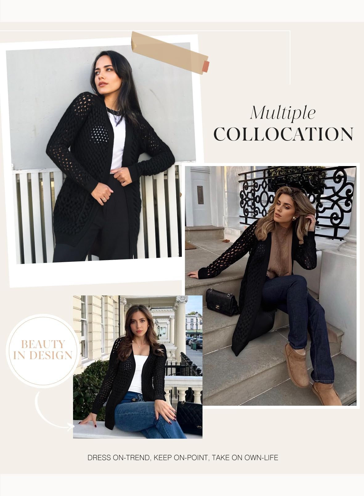 Chaqueta larga de punto para mujer, chaqueta de punto frontal abierta, abrigo con bolsillos, ropa exterior holgada informal para uso diario, Negro , S