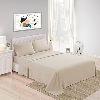 طقم غطاء للسرير من ترايدنت، مكون من 3 قطع، مصنوع من القطن الغني، باللون البيج، مقاس كوين، بنمط سادة