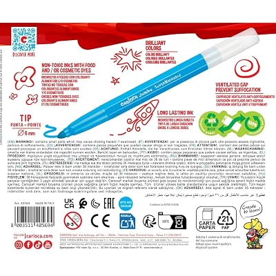 CARIOCA Jumbo Washable Markers for Kids 12 Assorted Colors, 6 mm Maxi Felt Tip Pens with Wide Barrel, Non-Toxic, Easy to Hold, Art & School Supplies, Made in Italy