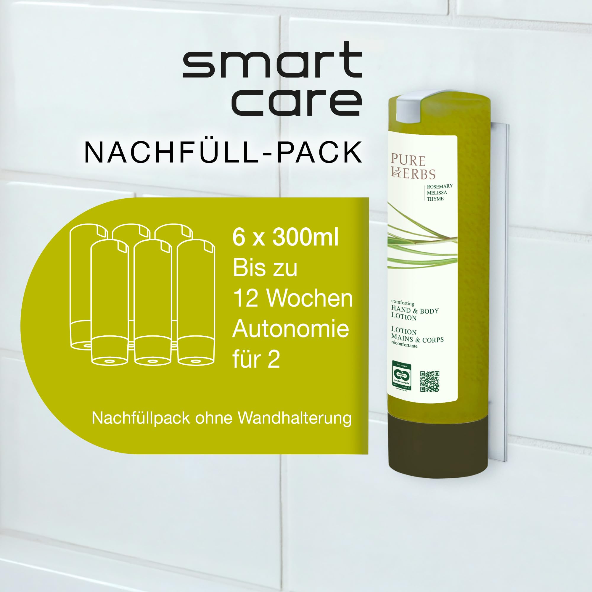 ADA Cosmetics Hand- & Bodylotion, vegan mit Melisse, Thymian und Rosmarin, vitalisierende Lotion, Nährend für Gesicht Körper & Haut, Nachfüllpack für SMART CARE, Pure Herbs - Made in Germany, 6x300mL