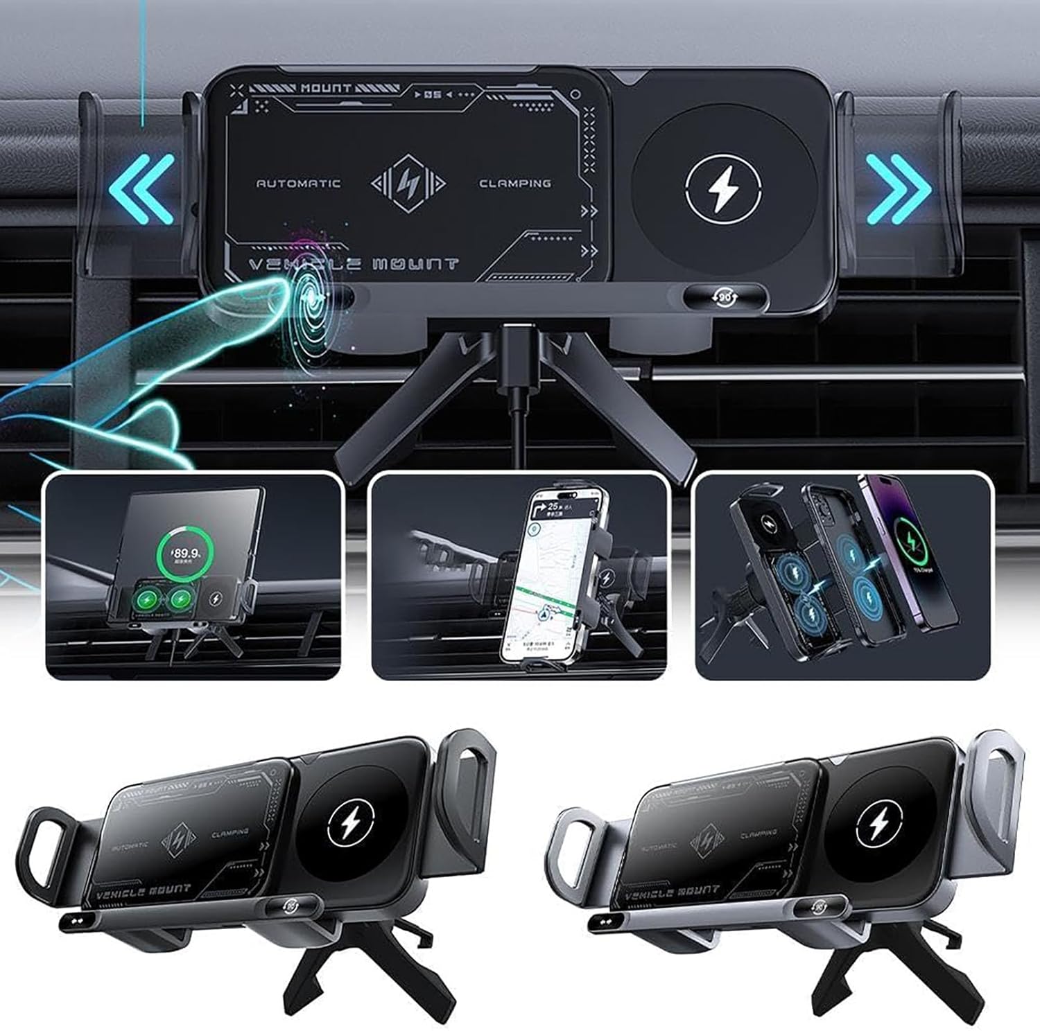 High Intelligent 2 in 1 Rotating Car Pad Holder & Wireless Charger,15 Watt Dual Coil Wireless Fast Charging Phone Mount with Auto Clamping for Pad. (Gray)