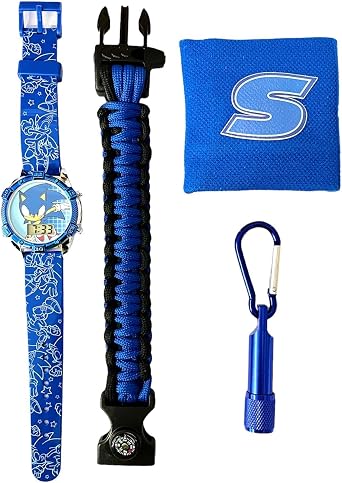 Accutime Kids SEGA Sonic The Hedgehog Blue Digital Flashing LCD Quartz Childrens Wrist Watch for Boys, Girls, Toddlers with Blue Survival Band, Sweat-Band & Flashlight Keychain Model SNC40063MAZ