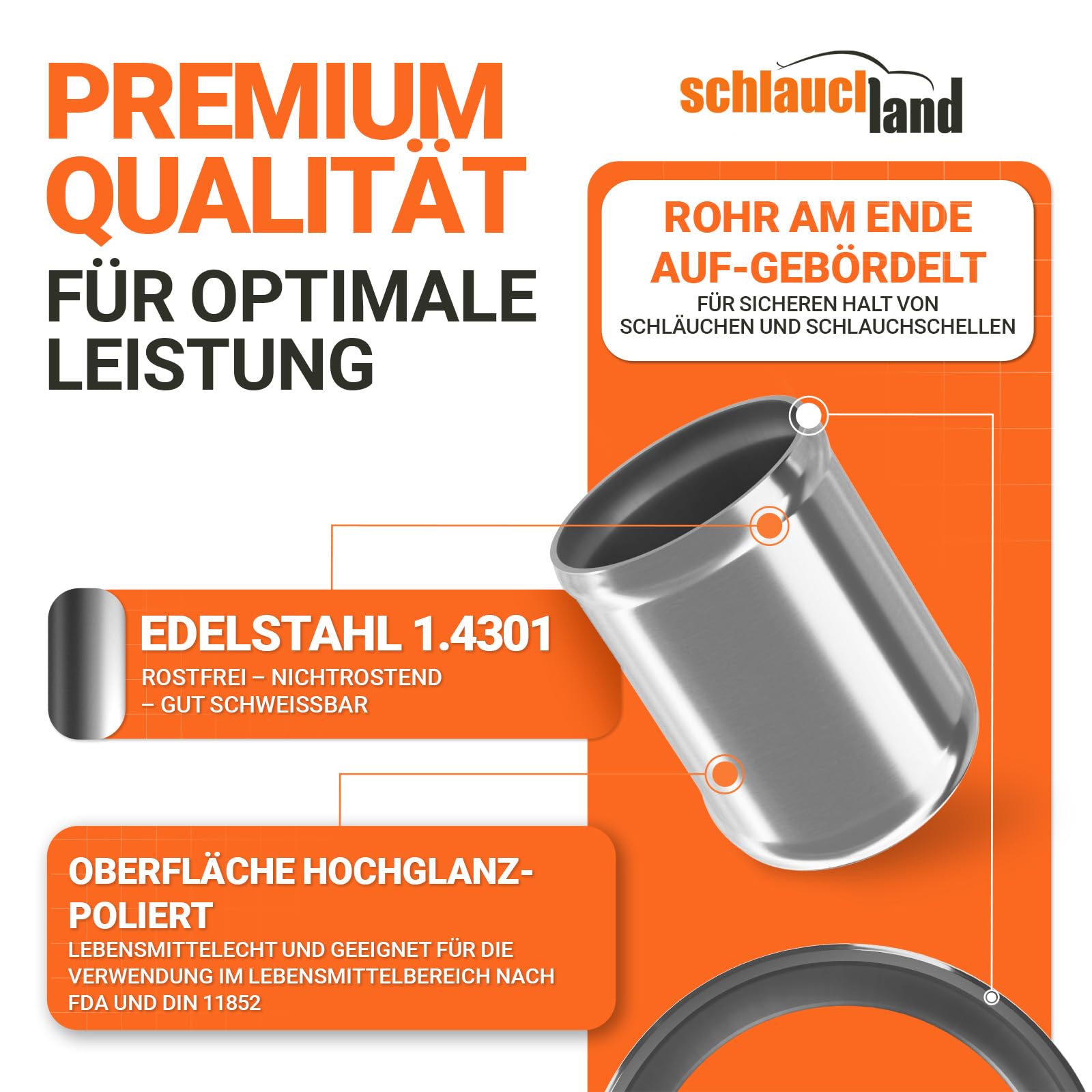 2 Stück | 10cm Edelstahl-Rohr AD-Ø 38mm poliert & gebördelt V2A 1.4301 INOX | AUSWAHL 1-10 Stück & 13-200 mm Durchmesser | Edelstahl Rohr Motor KFZ Kühler Silikon Schlauch-Verbinder | PREMIUM