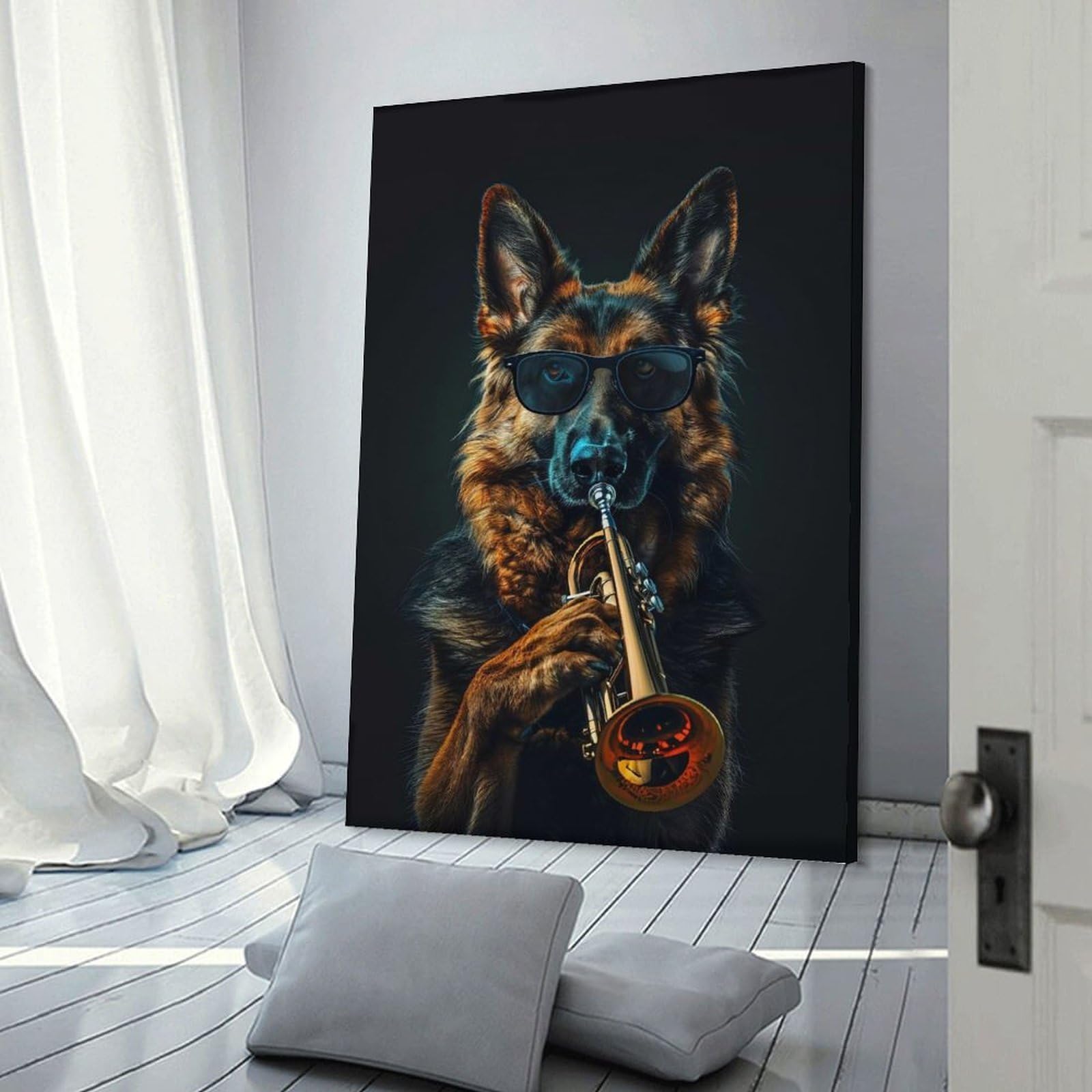 Junmoney Cool Dog Playing Trumpet Home Decor Wall Art, 24x36inch(60x90cm), for Wall Displays, Bedrooms Or Room Updates, Ideal for Building A Coordinated Art Wall