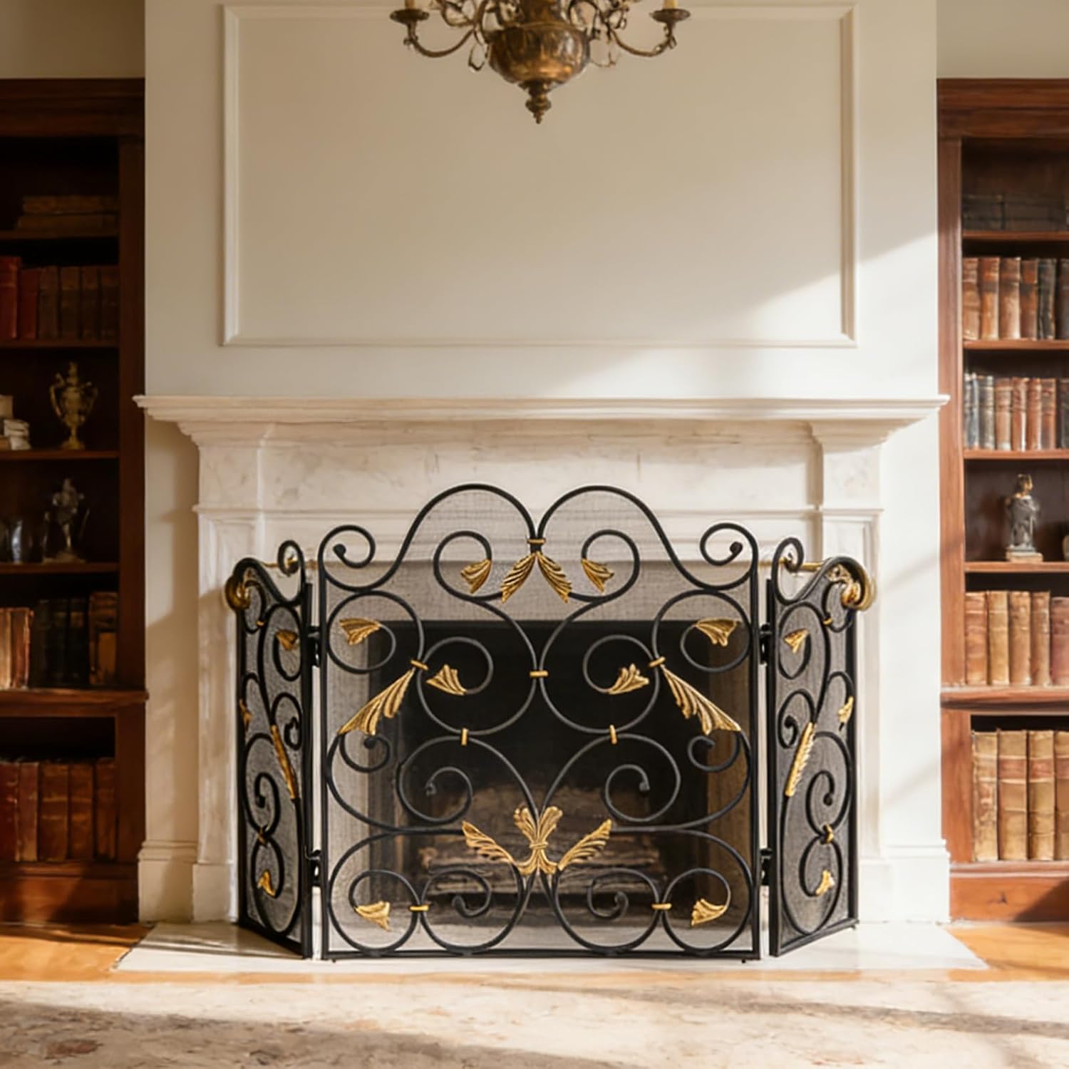 3-Panel Fireplace Screen, Wrought Iron Metal Guard, Beautiful Decoration, Can Protect Infants and Pets, Suitable for Indoor and Outdoor Use, 35.5x55.4 Inches (Black Gold Color)