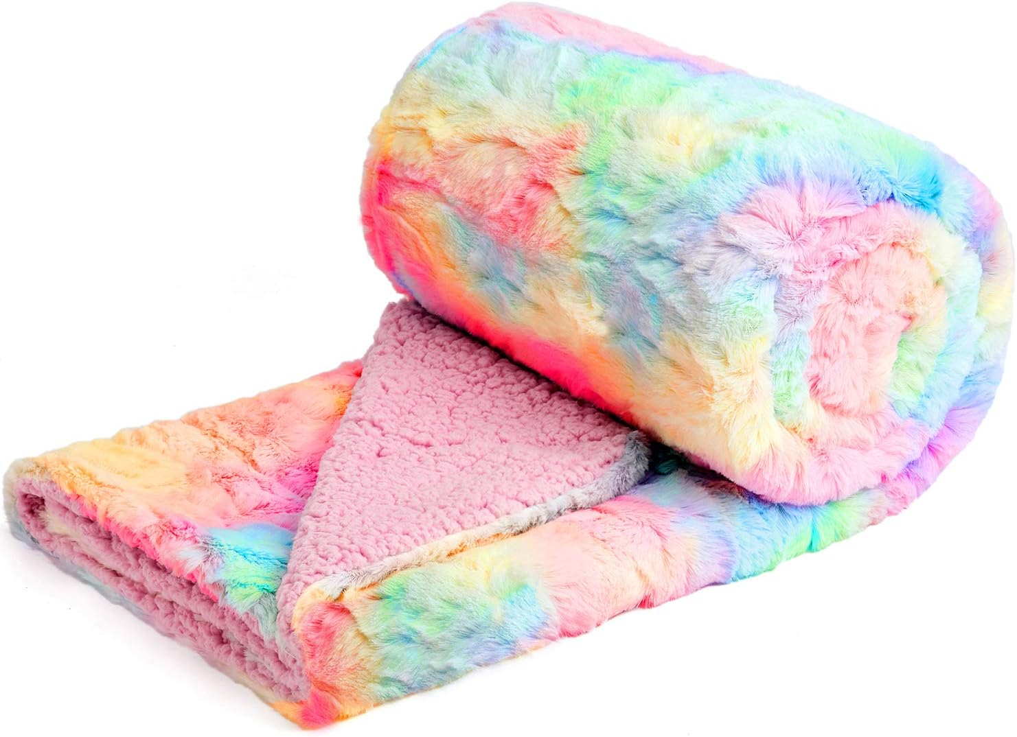 NEWCOSPLAY Super Soft Faux Fur Throw Blanket Premium Sherpa Backing Warm and Cozy Throw Decorative for Bedroom Sofa Floor (Dark Rainbow