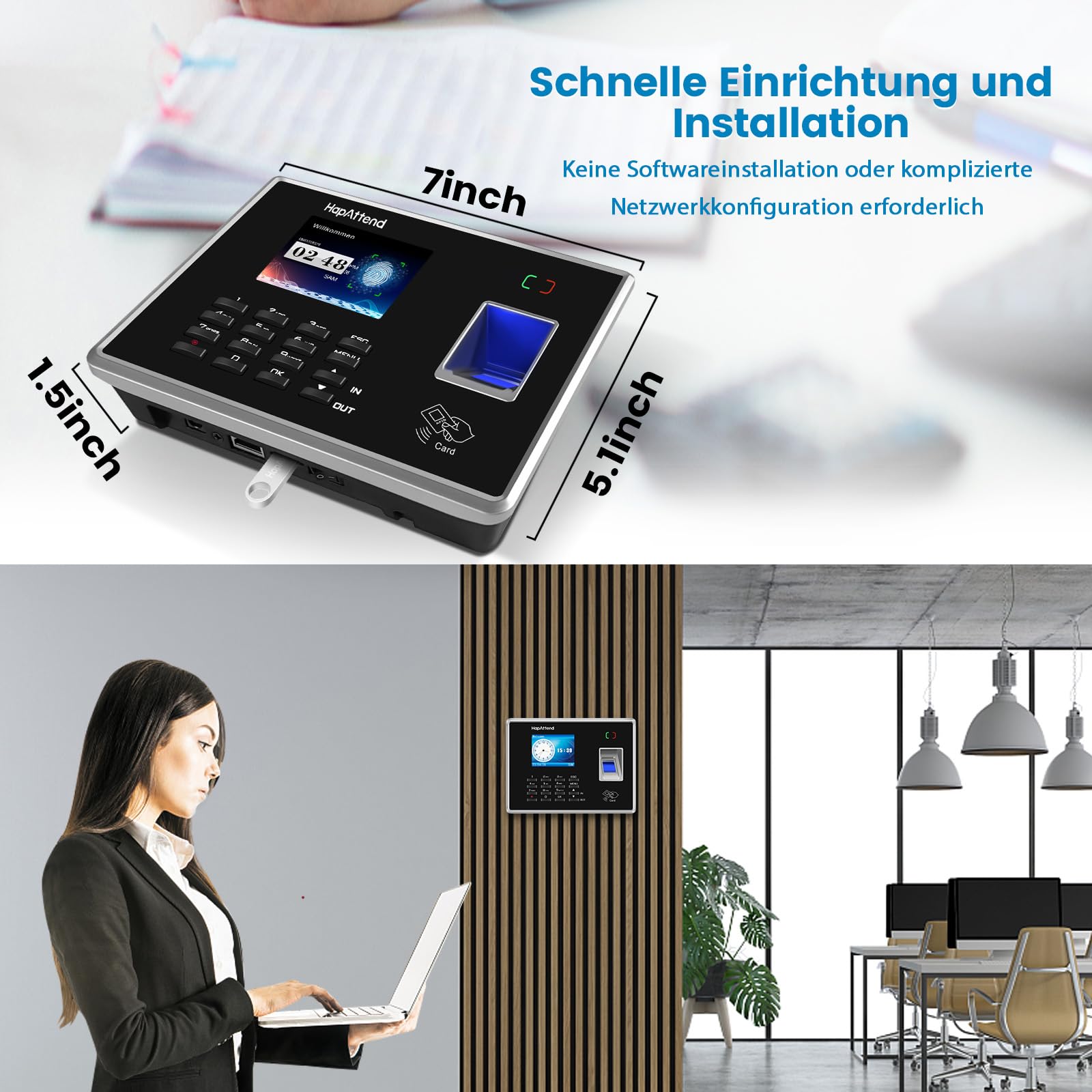 Zeiterfassung für Kleinbetriebe, Deutsche Ausgabe Stempeluhr Zeiterfassung mit Chip, arbeitszeiterfassung für Kleinbetriebe Mitarbeiter mit Fingerabdruck, RFID und PIN, 0 monatliche Gebühren