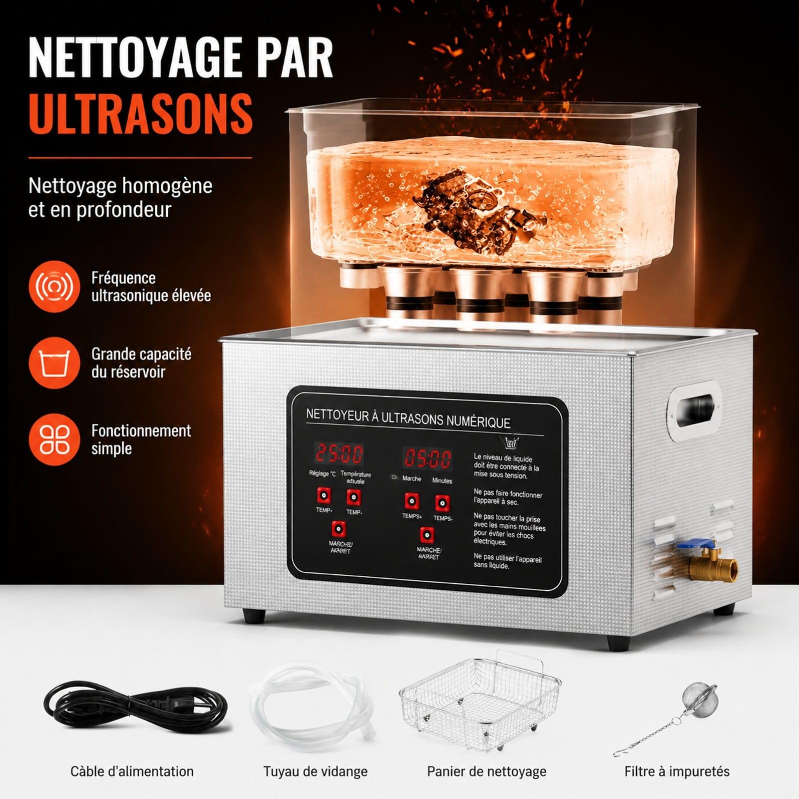 Nettoyeur à ultrasons 15 L 360 W 40 kHz avec minuterie numérique, chauffage, panier, cuve en acier 304 pour montres, lunettes, bijoux, outils